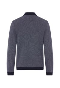 Gebreide marineblauwe trui met lange mouwen, geribde manchetten en kraag. Textuurstof met subtiel patroon, effen gekleurd zoom.