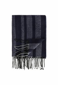 Fular cu dungi navy dintr-un material texturat, av�ând dungi întunecate și deschise alternate. Marginile franjurate adaugă detalii. Măsoară aproximativ 70x180 cm.