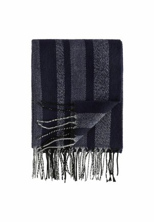 Navy striped scarf with textured fabric, featuring alternating dark and light stripes. Fringed edges add detail. Measures approximately 70x180 cm.