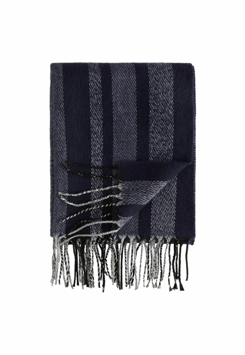 Fular cu dungi navy dintr-un material texturat, având dungi întunecate și deschise alternate. Marginile franjurate adaugă detalii. Măsoară aproximativ 70x180 cm.