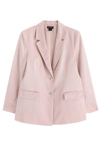 Blazer rosa chiaro con rever a punta, chiusura con un bottone, due tasche frontali e texture del tessuto liscia. Presenta maniche lunghe.