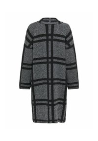 Długi, oversize płaszcz w kratę w odcieniach szaro-czarnych. Wykonany z textured tkaniny, z kołnierzem i szerokimi rękawami.