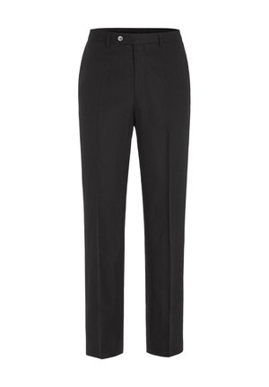 Pantalon noir droit sur mesure avec fermeture avant par bouton et zip, passants pour ceinture, et pli marqué le long de chaque jambe.