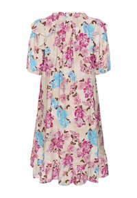 Beige floral dress with pink and blue flowers, short puffed sleeves, ruffled hem, and ruffle accents on shoulders and neckline.
