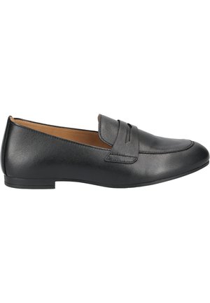 Schwarze Leder Slipper mit runder Zehenform, ausgestattet mit einem dekorativen Riemen an der Vorderseite, glatter Textur und einer niedrigen Profilsohle.