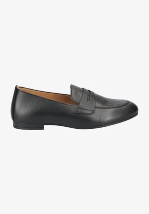 Schwarze Leder Slipper mit runder Zehenform, ausgestattet mit einem dekorativen Riemen an der Vorderseite, glatter Textur und einer niedrigen Profilsohle.