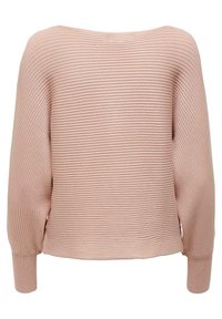 Suéter de canalé rosa claro con escote amplio, hombros caídos y mangas largas. Textura suave y corte relajado sin cierres visibles.