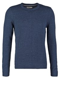 Mörkblå stickad tröja med rund halsringning, långa ärmar och ribbade muddar och nederkant. Texturerad tyg med en något lös passform.