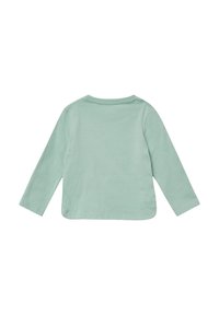 Langärmliges Shirt aus weichem mintgrünem Baumwollstoff. Verfügt über einen runden Halsausschnitt und einen abgerundeten Saum. Glatte Textur, keine Muster oder Verzierungen.