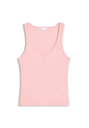 Sleeveless pink ribbed tank top with a V-neck and wide shoulder straps, laid flat against a white background.