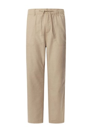 Beige katoenen broek met een touwsluiting in de taille, twee diepe zijzakken, rechte pijpen en zichtbare stikselafwerking.
