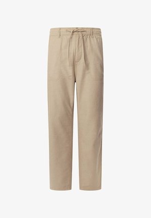 Beige katoenen broek met een touwsluiting in de taille, twee diepe zijzakken, rechte pijpen en zichtbare stikselafwerking.