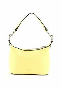 Sac à bandoulière en cuir jaune avec bordure noire, ferrures argentées et une bandoulière détachable, posé sur un fond blanc.