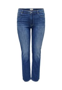 Denim jeans in a medium blue wash, featuring a classic straight cut, five-pocket design, and a zip fly with a button closure.