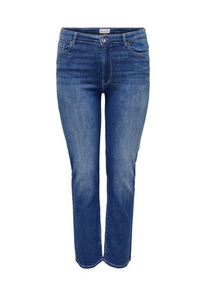 Denim jeans in a medium blue wash, featuring a classic straight cut, five-pocket design, and a zip fly with a button closure.