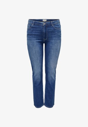 Jean en denim de couleur bleu moyen, avec une coupe droite classique, un design à cinq poches et une fermeture zippée avec un bouton.