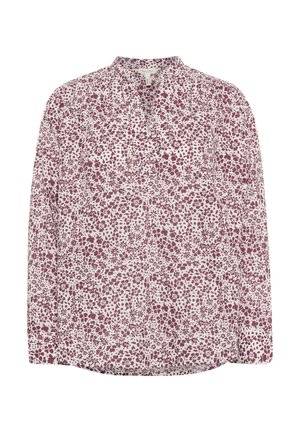 Blouse à manches longues blanche avec un motif floral bordeaux, comportant un col montant et une patte de boutonnage. Tissu doux avec une coupe décontractée.
