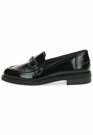 Black patent leather loafers with a low, block heel, featuring a decorative bow accent on the vamp and detailed stitching along the edges.