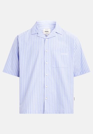 Short-sleeve, light blue button-up shirt with white vertical stripes and a chest pocket with subtle white text.