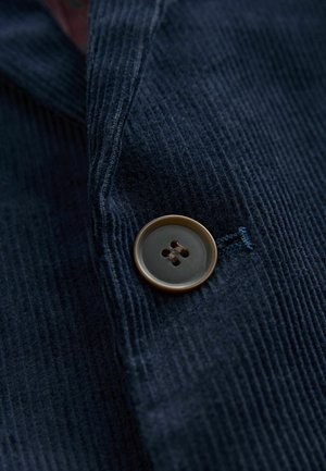 Jūros laivyno veliūras su dideliu apvaliu rudu mygtuku su keturiomis skylutėmis, siuvinėjamas ant šiek tiek tekstūruoto paviršiaus.