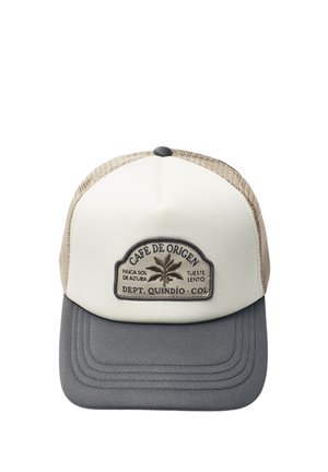 Casquette de baseball avec dos en mesh beige, panneau avant blanc, visière grise courbée et un patch indiquant "Café de Origen" avec un graphisme de plante de café.