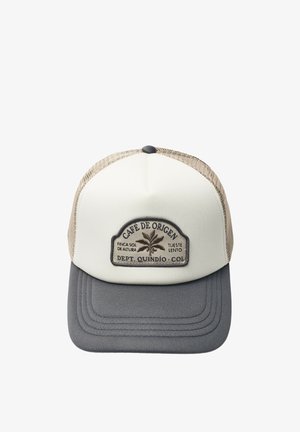 Casquette de baseball avec dos en mesh beige, panneau avant blanc, visière grise courbée et un patch indiquant "Café de Origen" avec un graphisme de plante de café.