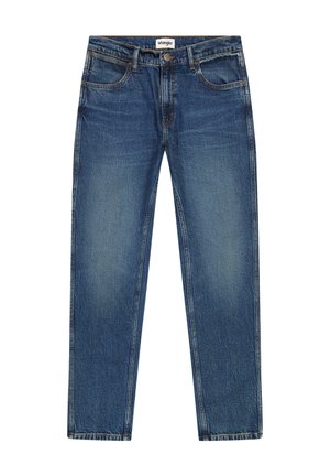 Blaue Jeans aus Denim mit geradem Bein, abgewaschenem Look, Fünf-Taschen-Design und einem gestickten Saum. Verfügt über klassische Branding am Bund.