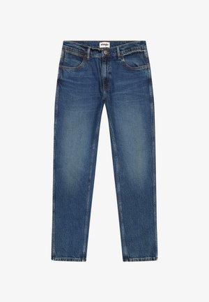 Blue denim jeans with a straight-leg cut, faded wash, five-pocket design, and a stitched hem. Features classic branding at the waistband.