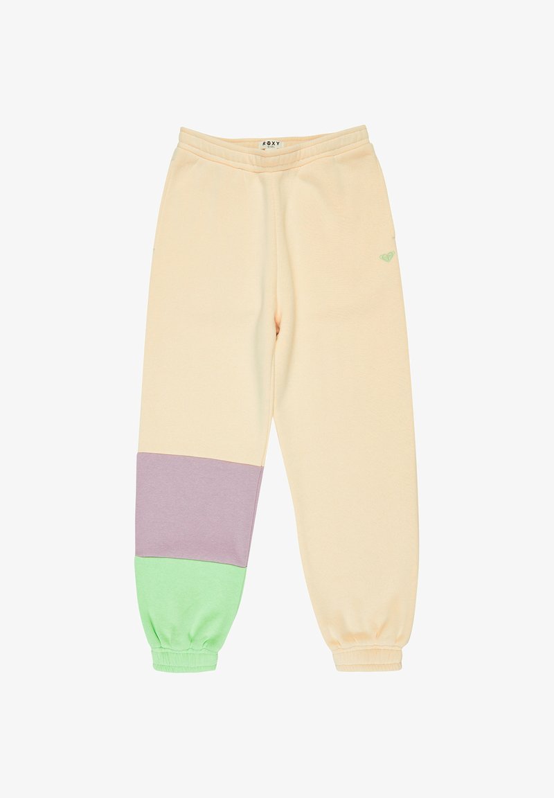 Crème joggingbroek met een taps toelopende pasvorm, voorzien van lichtpaarse en mintgroene kleurvlakken, elastische tailleband en ribgebreide boorden. Logo detail op de heup.