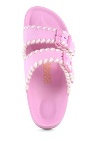 Ružičasta moldsana natikača sa dva podesiva remena i bijelim uzorkom od konopa. Meki materijal s oblikovanim uloškom i logotipom.