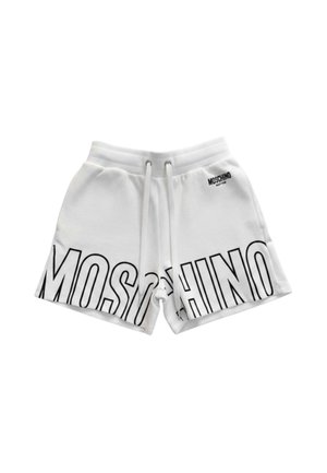 Pantaloncini bianchi Moschino con grandi lettere nere sul davanti e fascia in vita con coulisse.