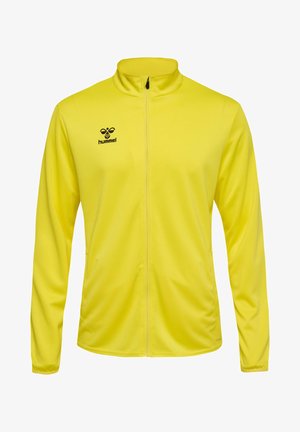 Geel zip-up jack gemaakt van een glad, lichtgewicht materiaal. Bevat een staande kraag, lange mouwen en een zwart logo op de bovenste linkerkant.