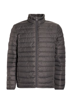 Dunkelgraue Padded-Jacke mit Stehkragen, Reißverschluss vorne und horizontalem Steppmuster, gefertigt aus leichtem Material.