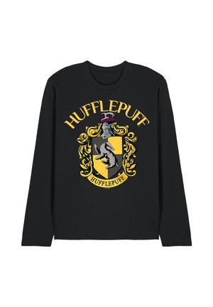 Black long-sleeve shirt with yellow and black Hufflepuff crest and the word "Hufflepuff" above and below the crest.