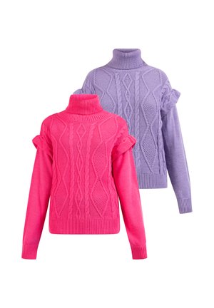 To strikkede rullekravesweatere med kabelmønstre, en lys pink foran og en lys lilla bagved, begge med lange ærmer.