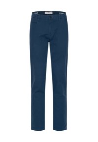 Granatowe chinosy wykonane z bawełnianej mieszanki tkanin. Posiadają zamek błyskawiczny i boczne kieszenie. Prosty krój nogawek z minimalnymi przeszyciami.