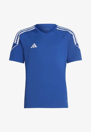 Blaues Sport-T-Shirt aus atmungsaktivem Stoff, mit V-Ausschnitt, kurzen Ärmeln und drei weißen Streifen auf den Schultern.