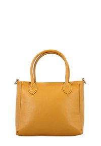 Kollane nahast käekott ümara käepidemega, tekstureeritud pinnaga ja ristkülikukujuline. Käepidemete lähedal on ovaalsed aksessuaarid.