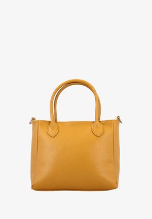 Gelbe Lederhandtasche mit rundengriffen, strukturierter Oberfläche und rechteckiger Form. Verfügt über ovale Akzente in der Nähe der Griffe.