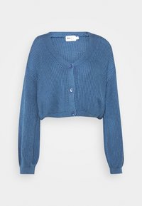 Blauwe geknipte cardigan met ribbelstructuur, V-hals, lange mouwen en twee knopen aan de voorkant. Zachte stof met een losse pasvorm.