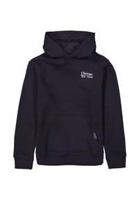 Sudadera azul marino de algodón, con un bolsillo canguro, puños de canalé y una capucha. En la parte frontal presenta texto blanco con un diseño gráfico.