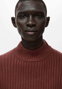 Geribbelde coltrui in roestkleur, gemaakt van een textuurgebreide stof. Strak model met een hoge kraag en gladde randen.