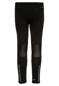 Czarne legginsy sportowe z siateczkowymi panelami na kolanach, bocznymi kieszeniami, zamkiem na kostkach oraz małym białym logo Nike przy lewej kostce.