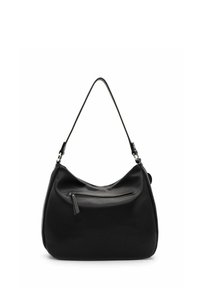 Black leather hobo bag with a textured surface, curved shape, a single adjustable strap, and a front zippered pocket.
