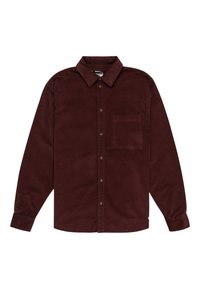 Camisa de pana burdeos de manga larga, con botones en el frente, cuello puntiagudo y bolsillo en el pecho. Presenta una tela texturizada y un ajuste estándar.