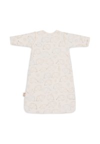 Sac de couchage en coton avec un fond crème présentant un imprimé intégral d'éléphants en gris clair et brun pâle. Manches longues et col arrondi.