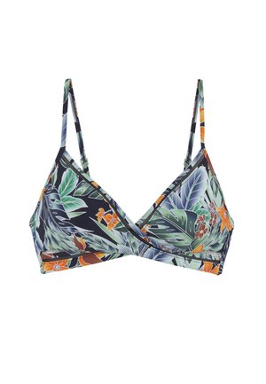 Triangle bikini top with thin adjustable straps and a multicolor tropical leaf and flower pattern on a dark background.