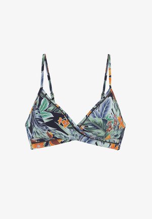 Trójkątny top od bikini z cienkimi regulowanymi ramiączkami i wielokolorowym tropikalnym wzorem liści i kwiatów na ciemnym tle.