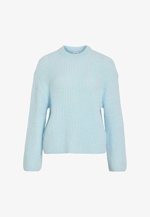 Light blue knit sweater, featuring a ribbed texture, round neck, and long sleeves. The design is relaxed fit with a straight hem.