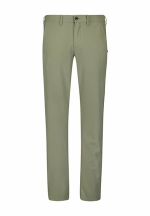 Pantalons vert clair en tissu lisse, avec une coupe ajustée, fermeture éclair avec un bouton, et poches discrètes sur les côtés.